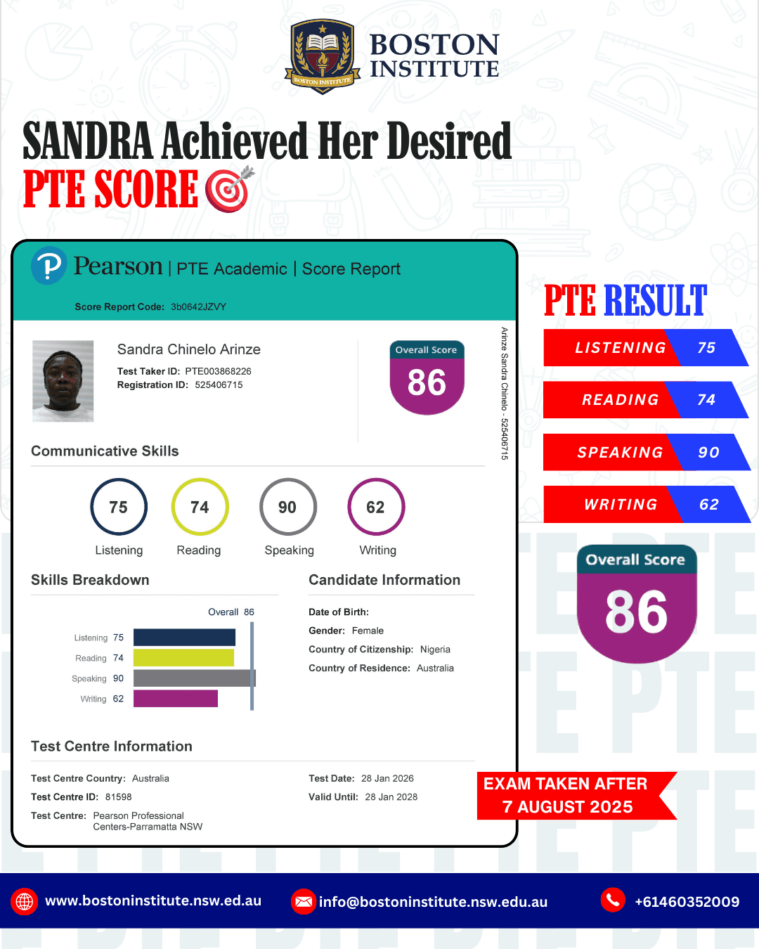 Sandra Chinelo Arinze PTE Score Report