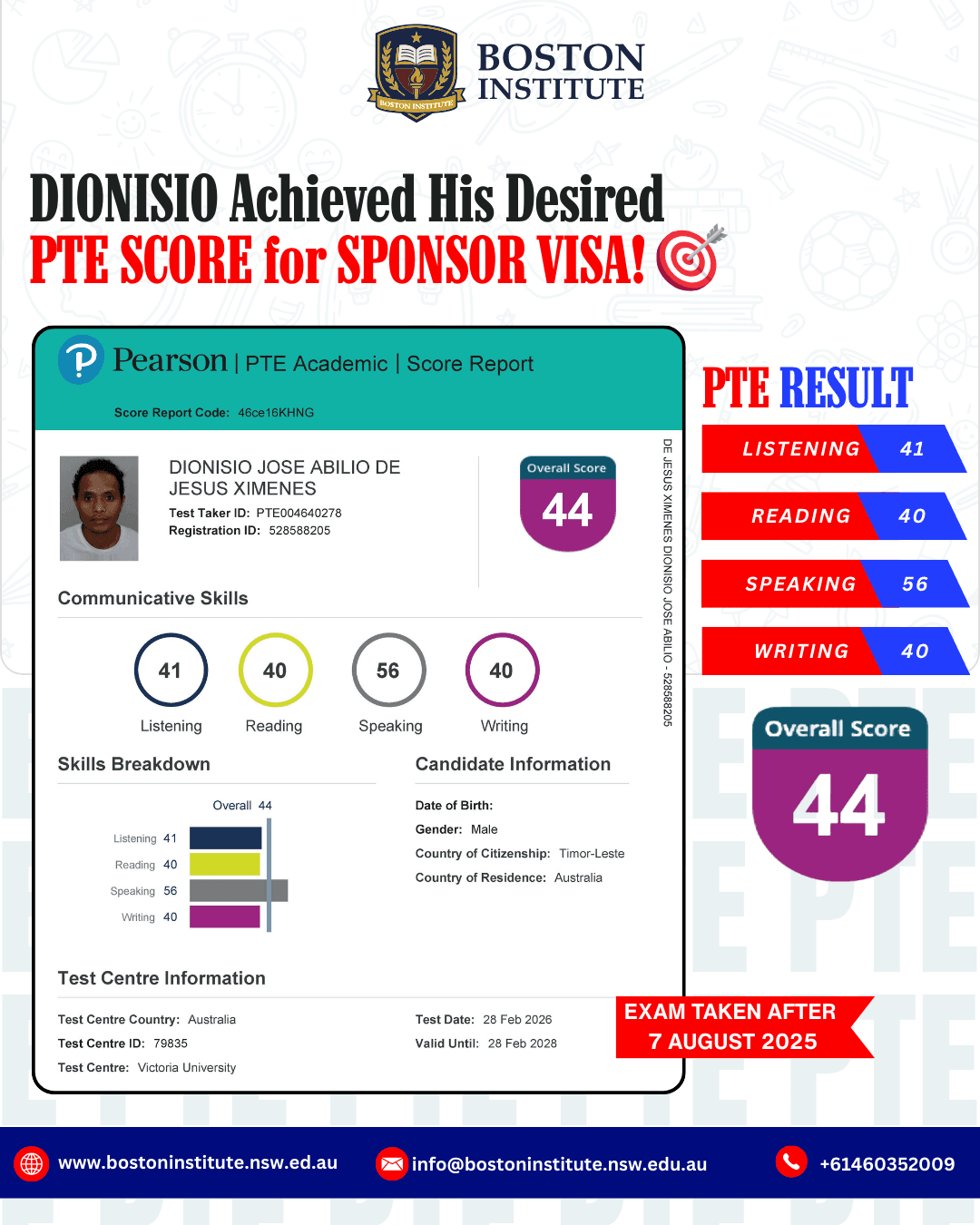 Dionisio Jose Abilio De Jesus Ximenes PTE Score Report