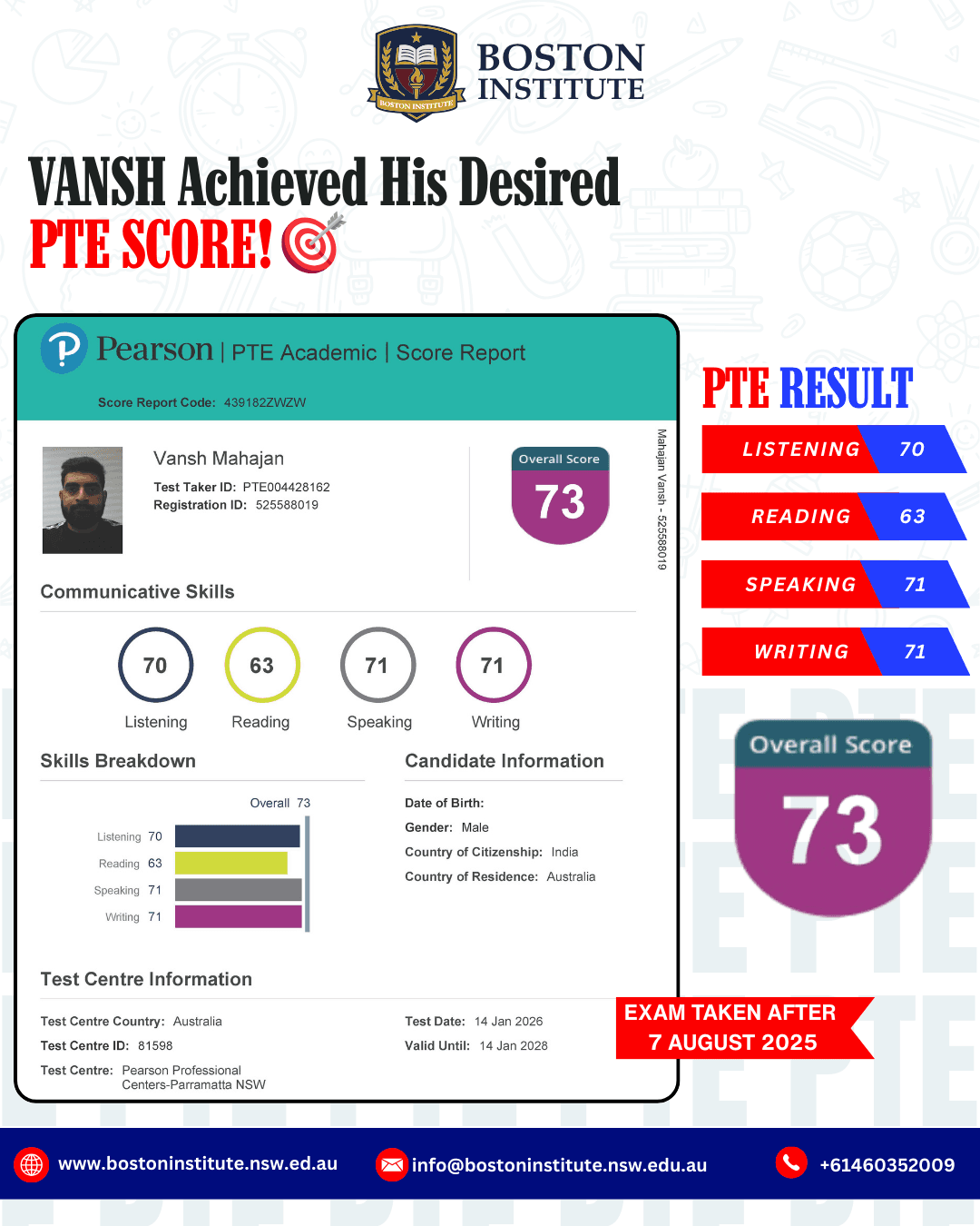 Vansh Mahajan PTE Score Report