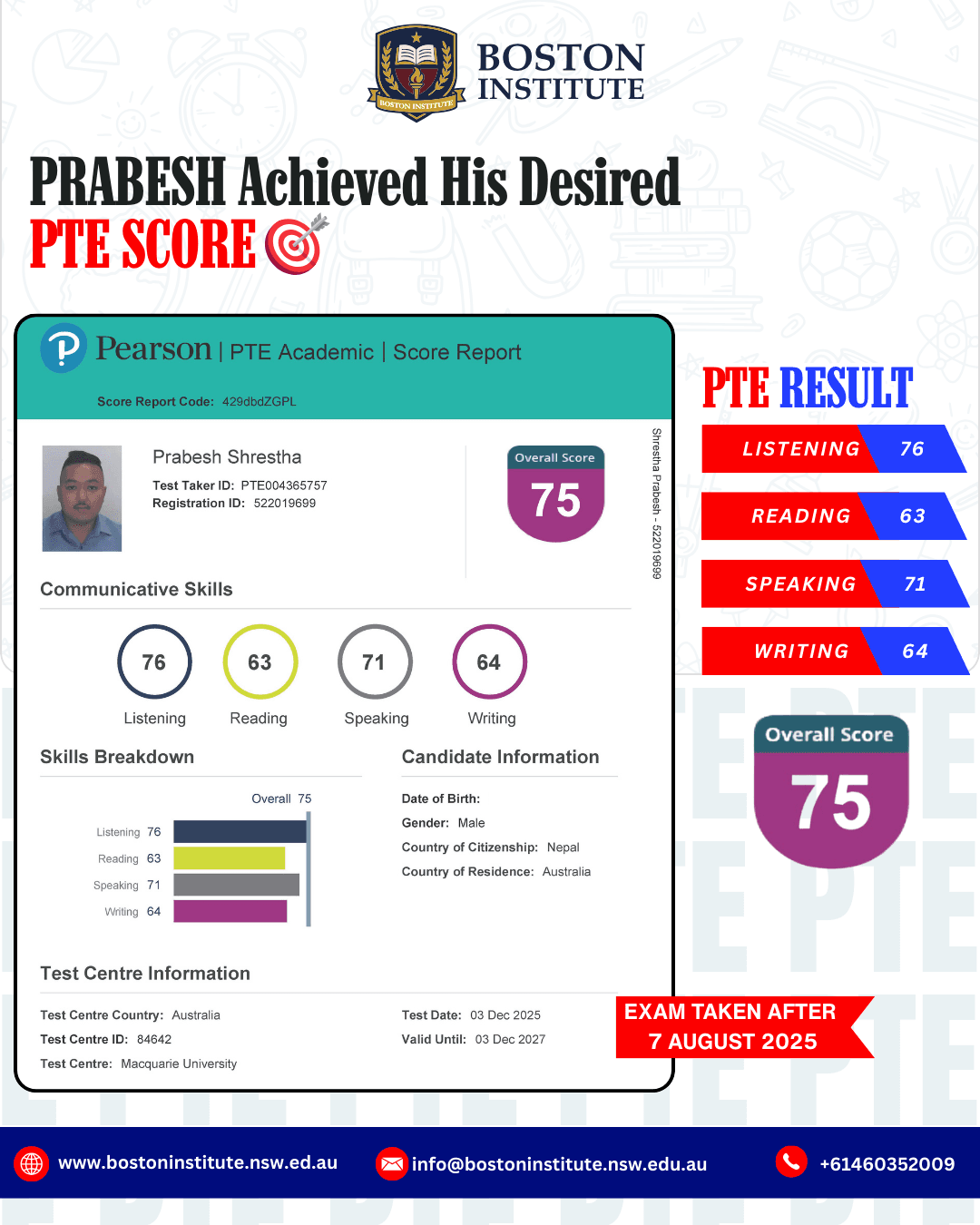 Prabesh Shrestha PTE Score Report