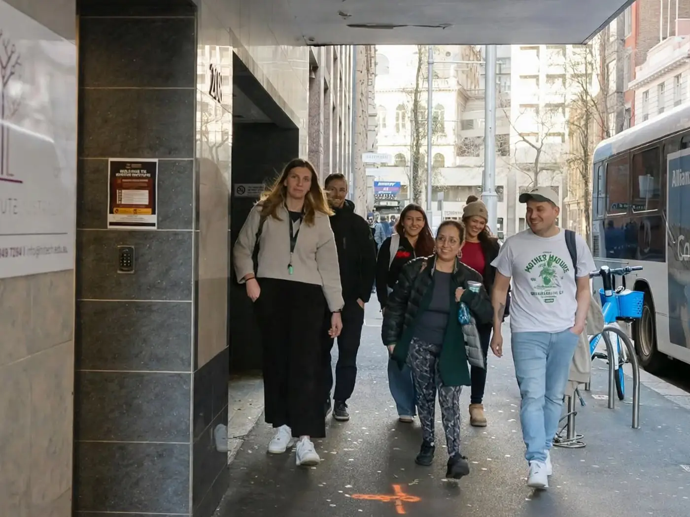 Campus entrance, Clarence St Students walking past the Boston Institute entrance on Clarence Street, Sydney CBD