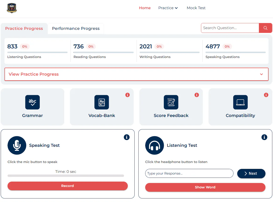 Boston Institute IELTS practice portal The Boston Institute IELTS practice portal, showing question bank totals for listening, reading, writing and speaking, grammar and vocabulary tools, score feedback, and speaking and listening tests