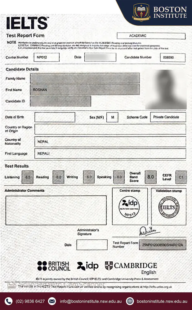 Roshan — IELTS Academic 8.0 IELTS Academic Test Report Form for Roshan, overall band score 8.0, achieved at Boston Institute Sydney