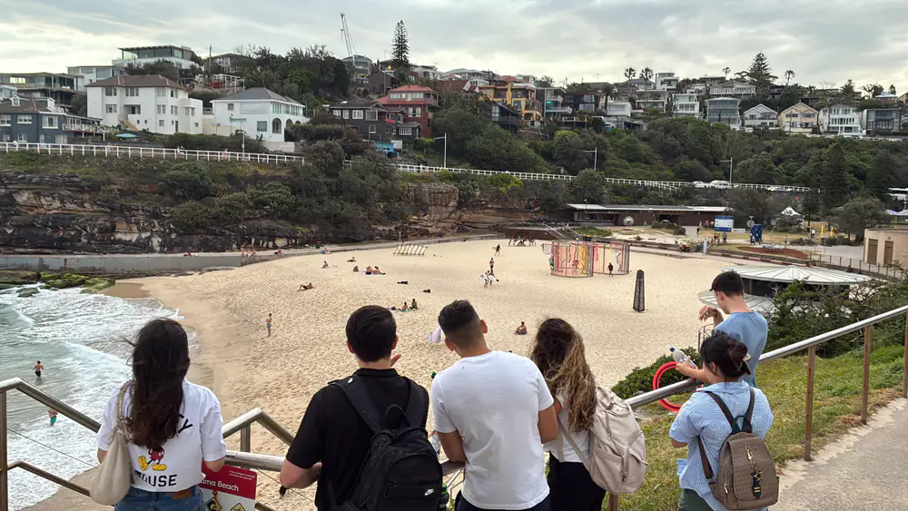 Sydney coastal walk excursion Boston Institute students looking out over a Sydney beach during a class excursion
