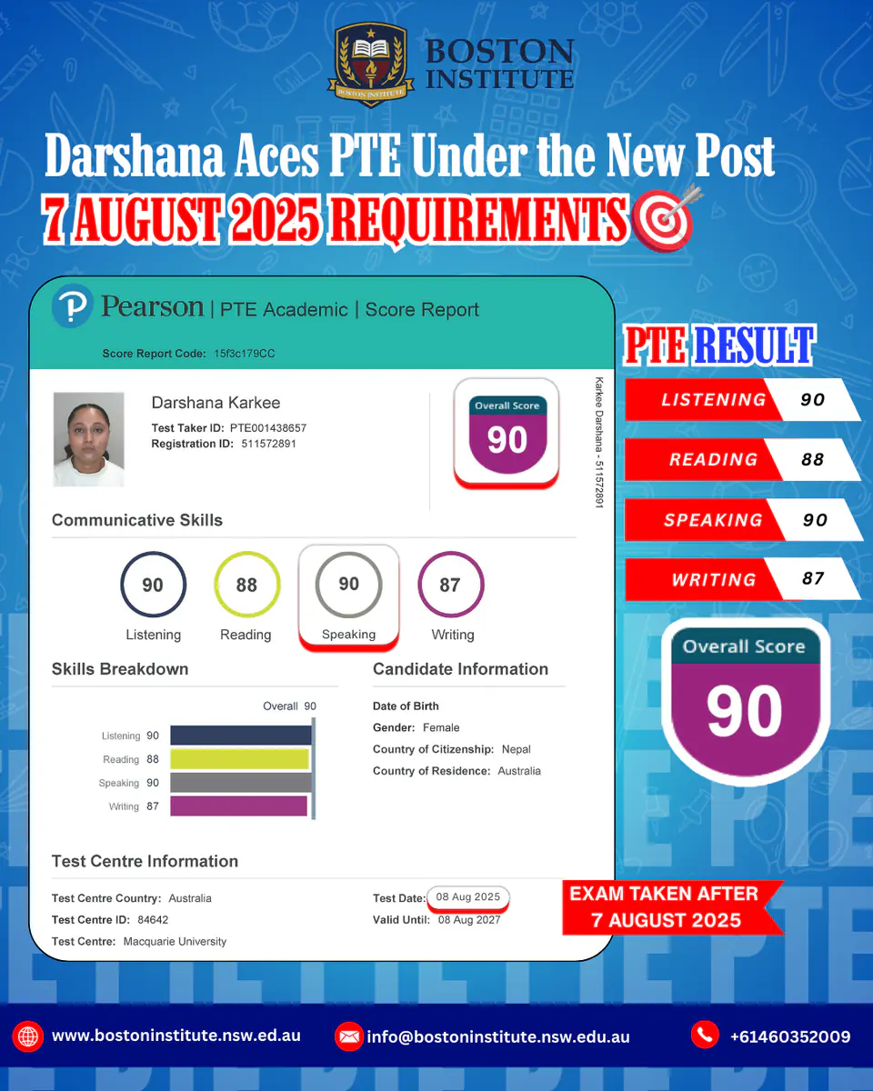 PTE Academic score report for Darshana Karkee, overall score 90, achieved at Boston Institute Sydney